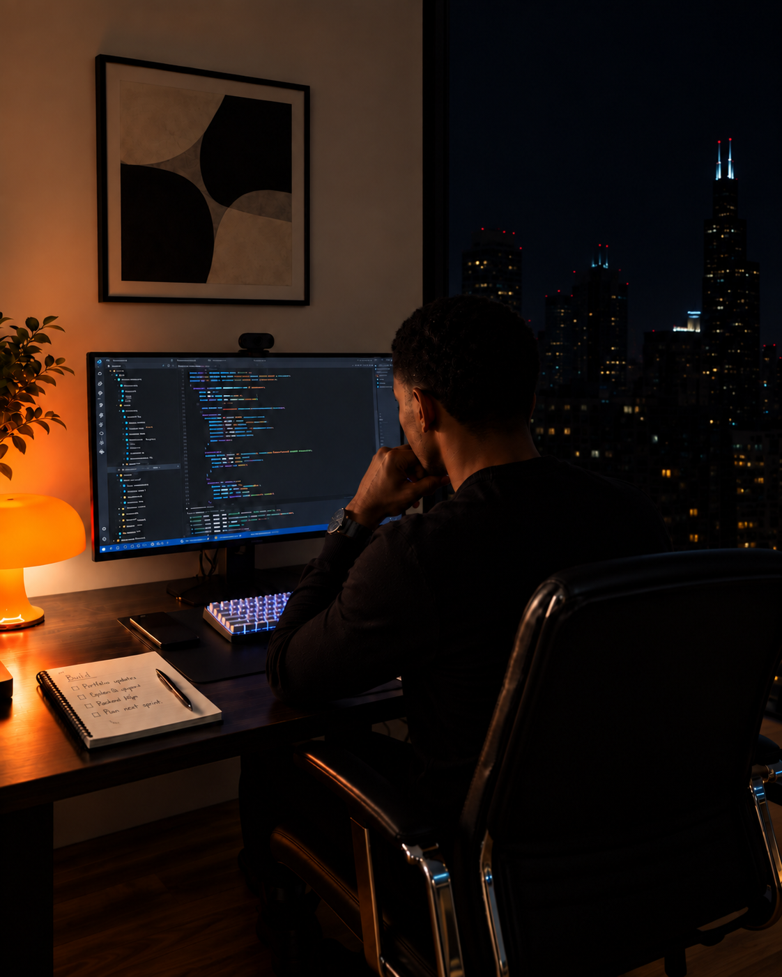 John Tyler working at a coding workstation at night